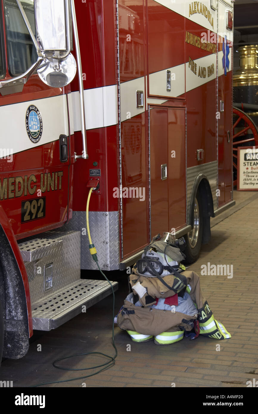 Firefighters protective gear sits ready by door of Medic Unit in the