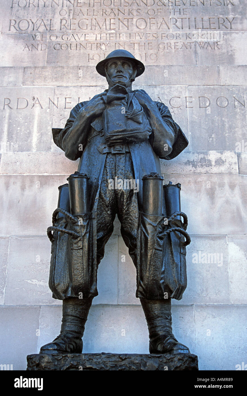 Statue of Soldier Royal Artillery memorial statue in the grounds of the Wellington Arch Hyde Park Corner London England Stock Photo