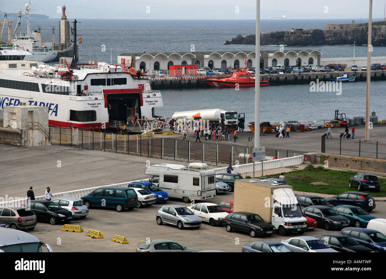 Tangier to Tarifa ferry. Tarifa Harbor, Tarifa, Southern Spain Stock Photo