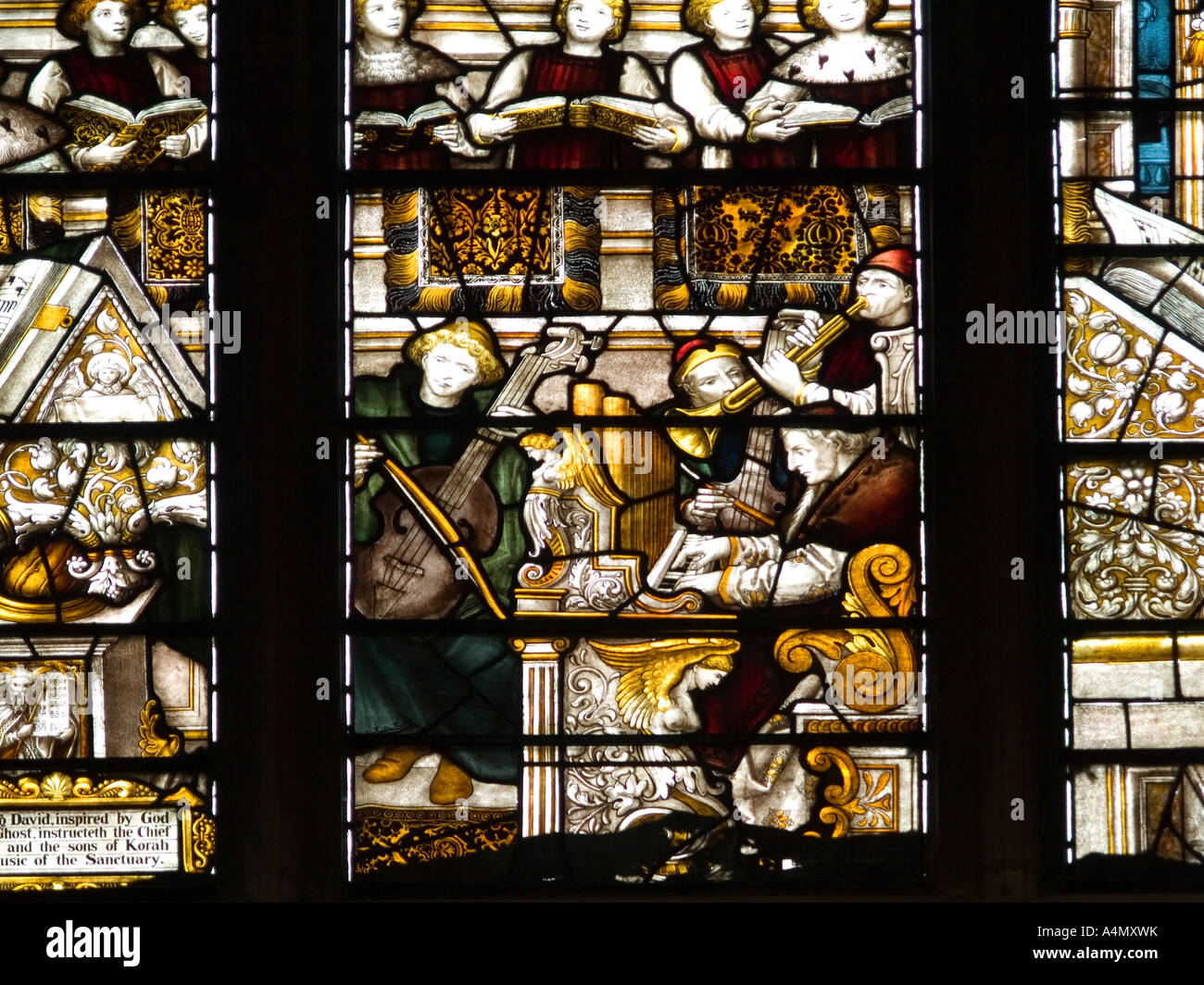 Part of a stained glass window in Lichfield Cathedral showing musicians