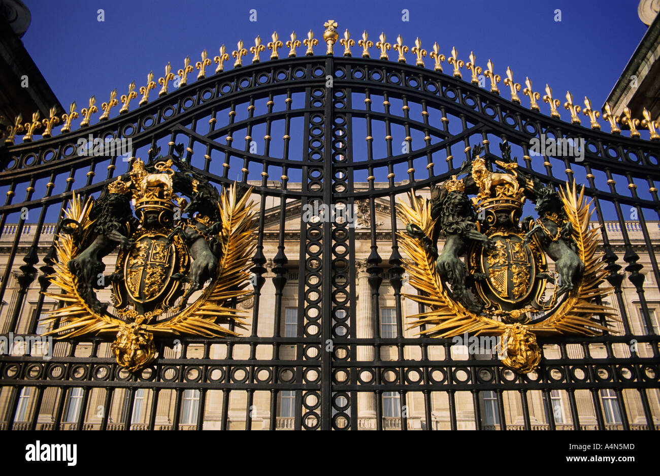 London, UK. Buckingham Palace, royal crest on main gates Stock Photo