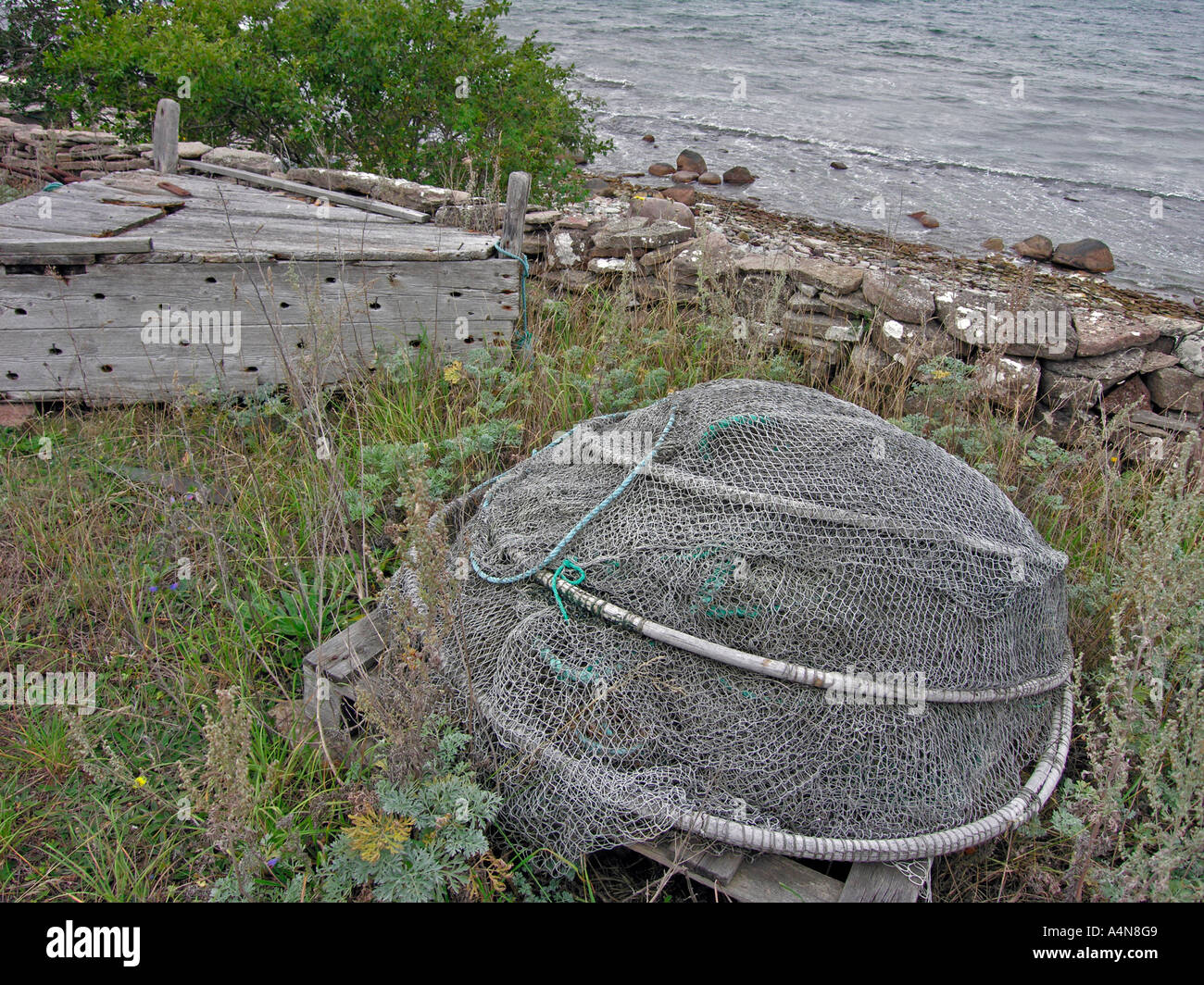 old fishing tools with an old fishing net weir on stony west coast of  island Oland Sweden Stock Photo - Alamy