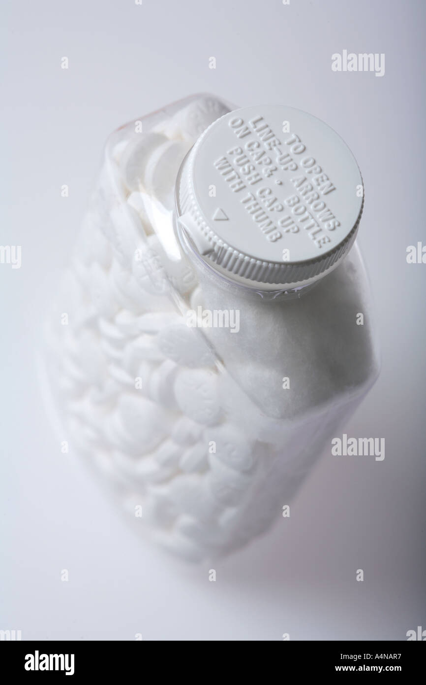 Aspirin bottle showing child proof cap Stock Photo