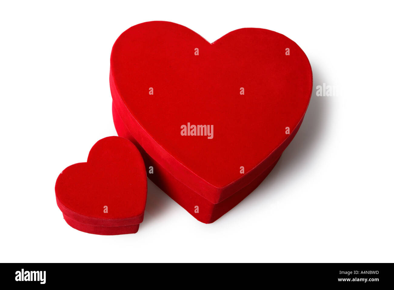 Two red heart shaped Valentines Day gift boxes. Stock Photo
