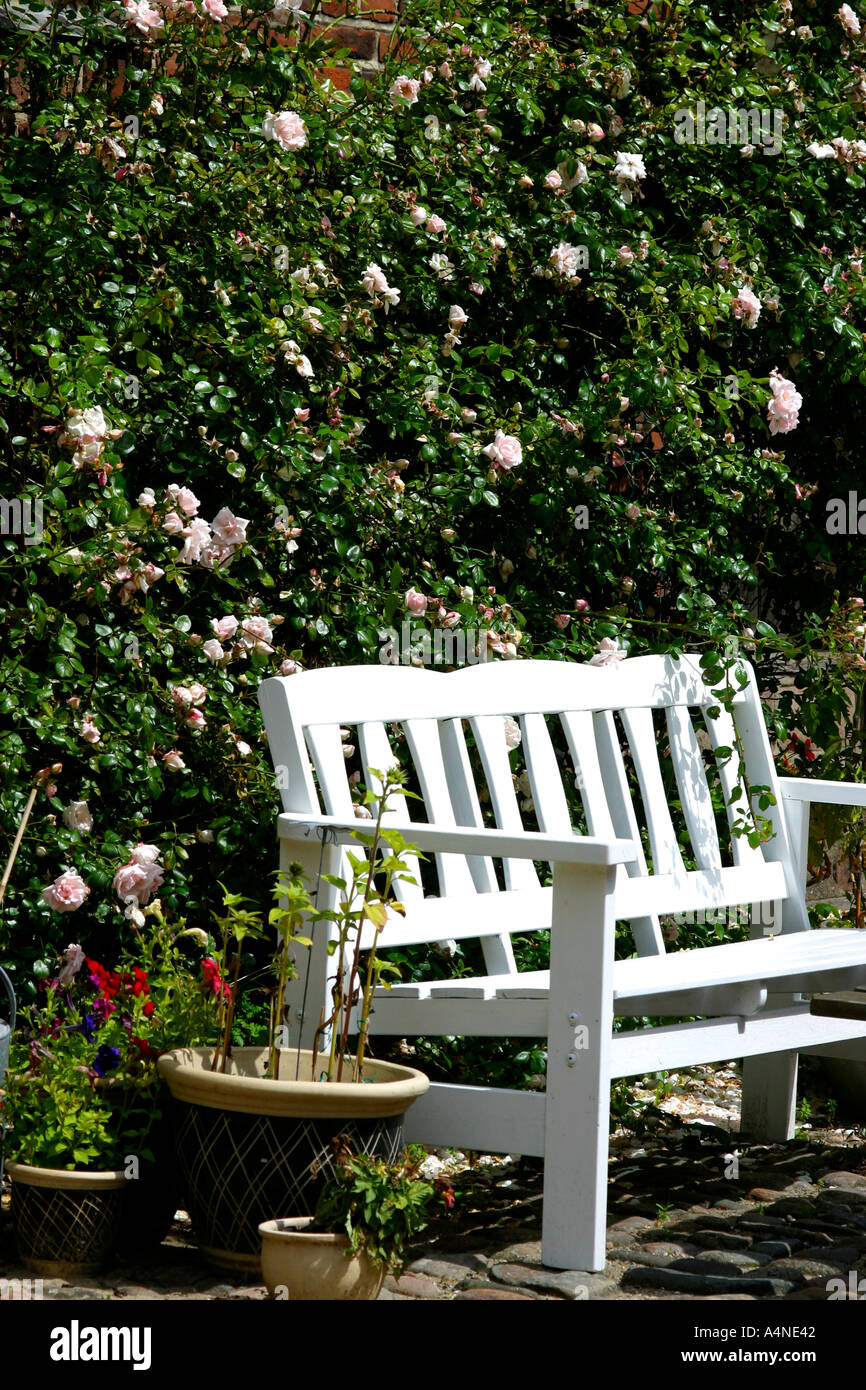 White garden bench surrounded by pink roses at Frederiksborg Castle