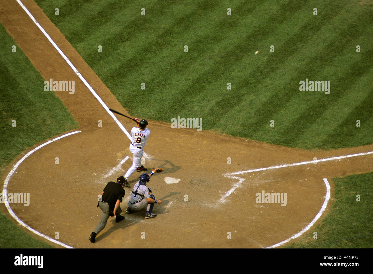 Iron Man Cal Ripken of the Baltimore Orioles hits the ball during his last season in august 2001 Stock Photo