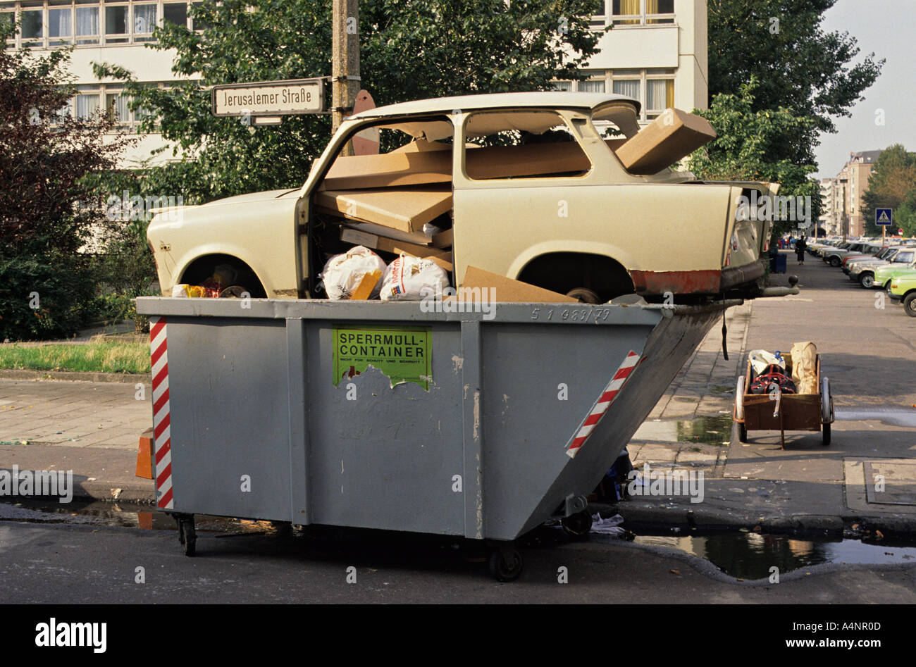 History The very first Trabant car to be thrown away after the fall of the Berlin Wall in summer 1990 Stock Photo