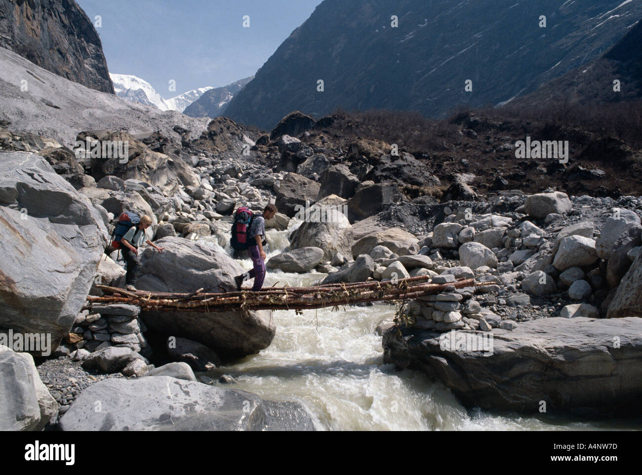 Trekker on local bridge crossing river Annapurna region Himalayas Nepal Asia Stock Photo