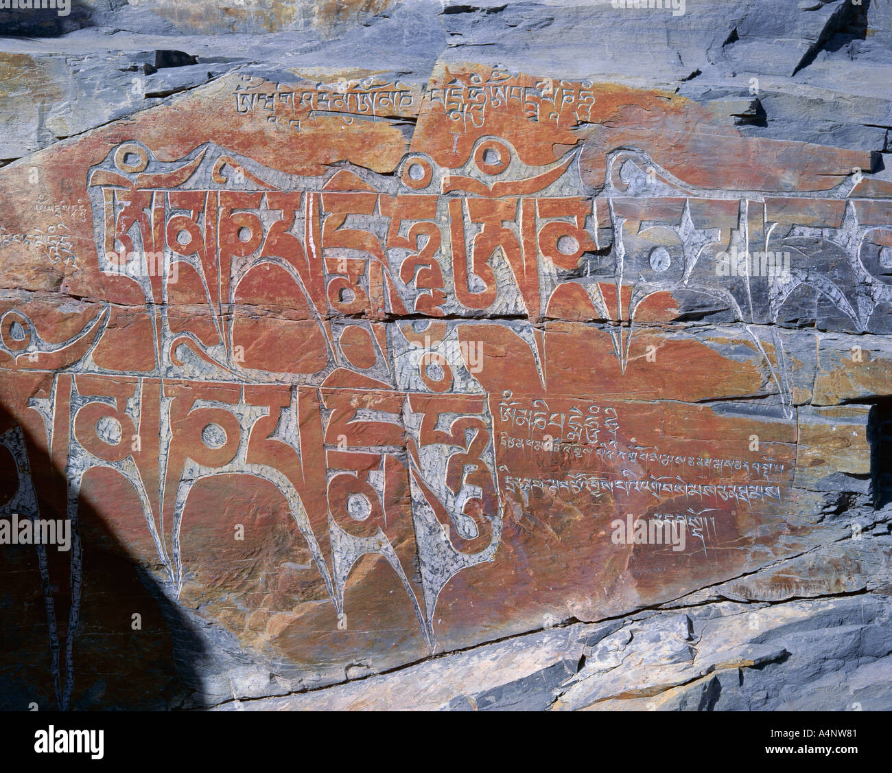 Tibetan script carved in rock face Lhasa Tibet China Asia Stock Photo