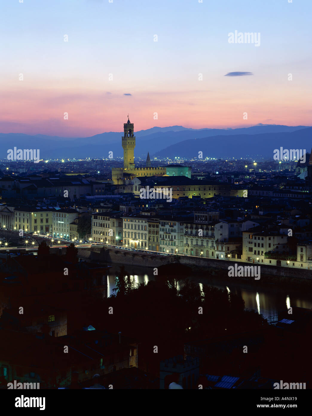 View over city at dusk from Piazalle Michelangelo Florence Tuscany Italy Europe Stock Photo