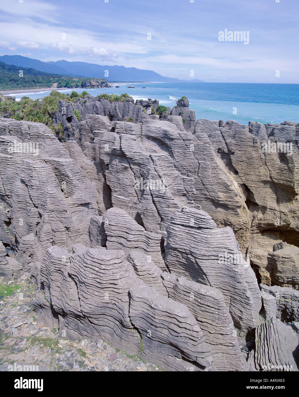 Eroded stratified limestone columns Dolomite Point Punakaiki Pancake ...