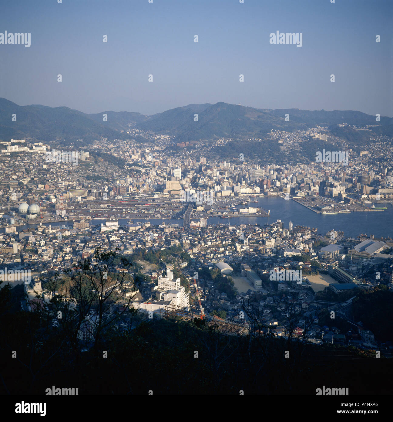 Aerial view over Nagasaki harbour from Mount Inasa yama a lookout 332m above Nagasaki island of Kyushu Japan Asia Stock Photo