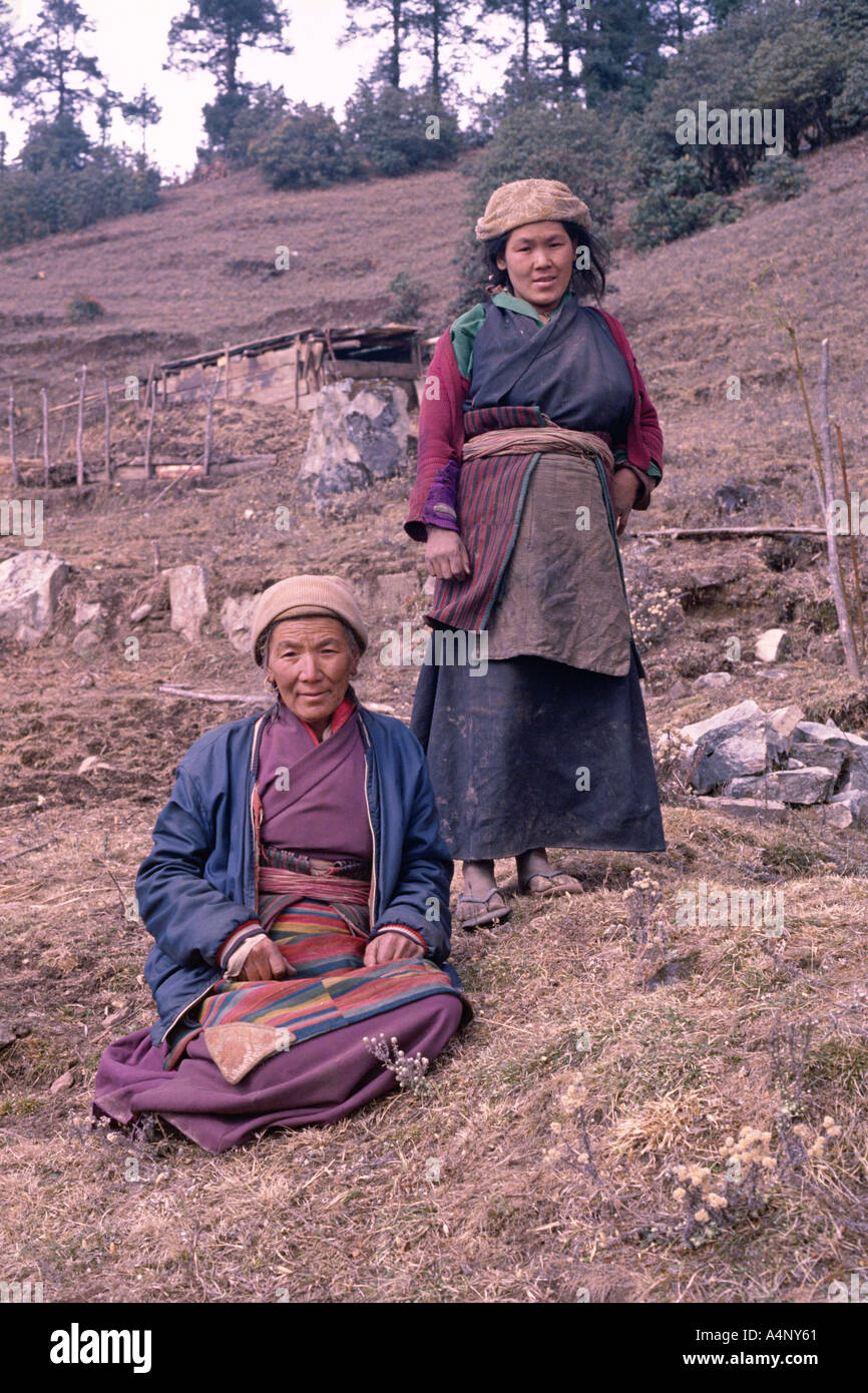 Portrait of two Sherpa women of the mountains in traditional clothing Solu Khumbu Nepal Asia Stock Photo