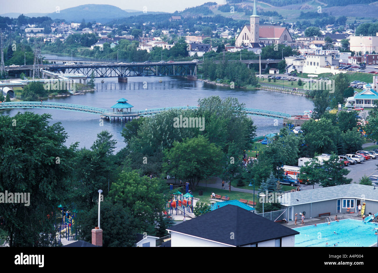 Downtown Edmundston New Brunswick Canada with bridge swimming pools and St John River Stock Photo