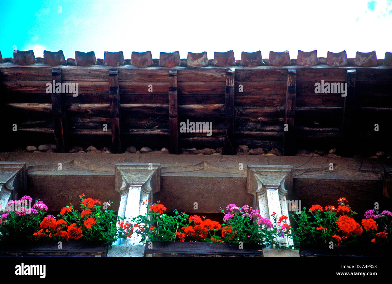 Perouges France Wallpaper Flowers Flower boxes under eaves Perouges mediaeval town Ain France Stock Photo ...