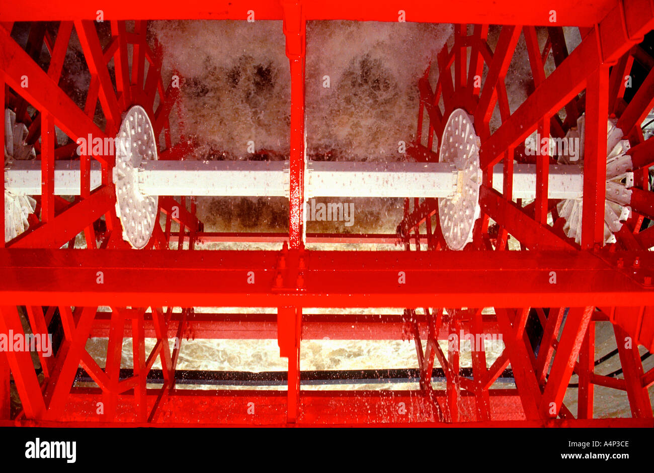 Close up of Natchez Mississippi riverboat red paddlewheel turning New