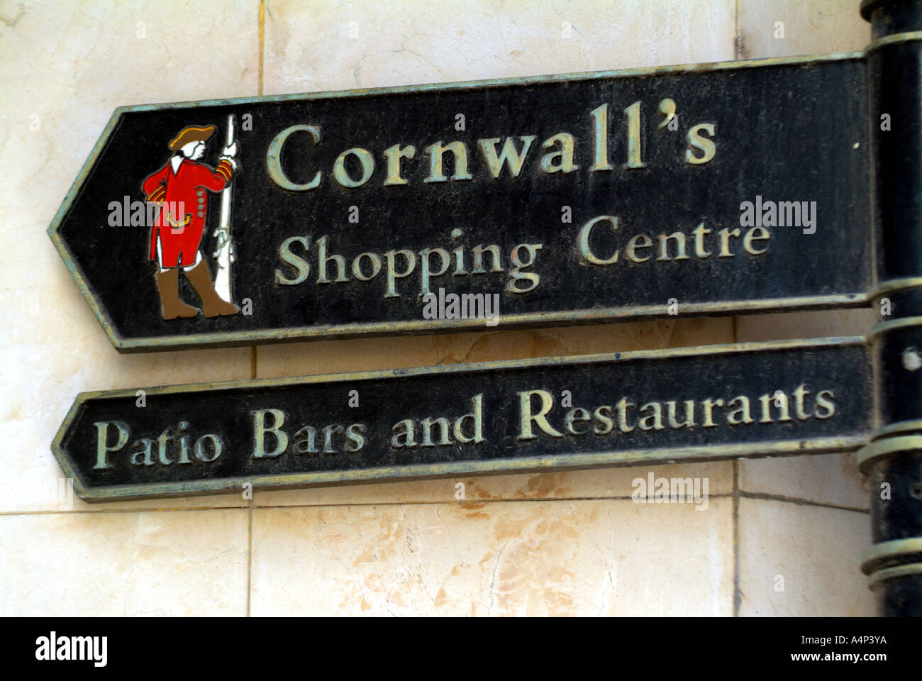 cornwall's shopping centre patio bars and restaurants street sign