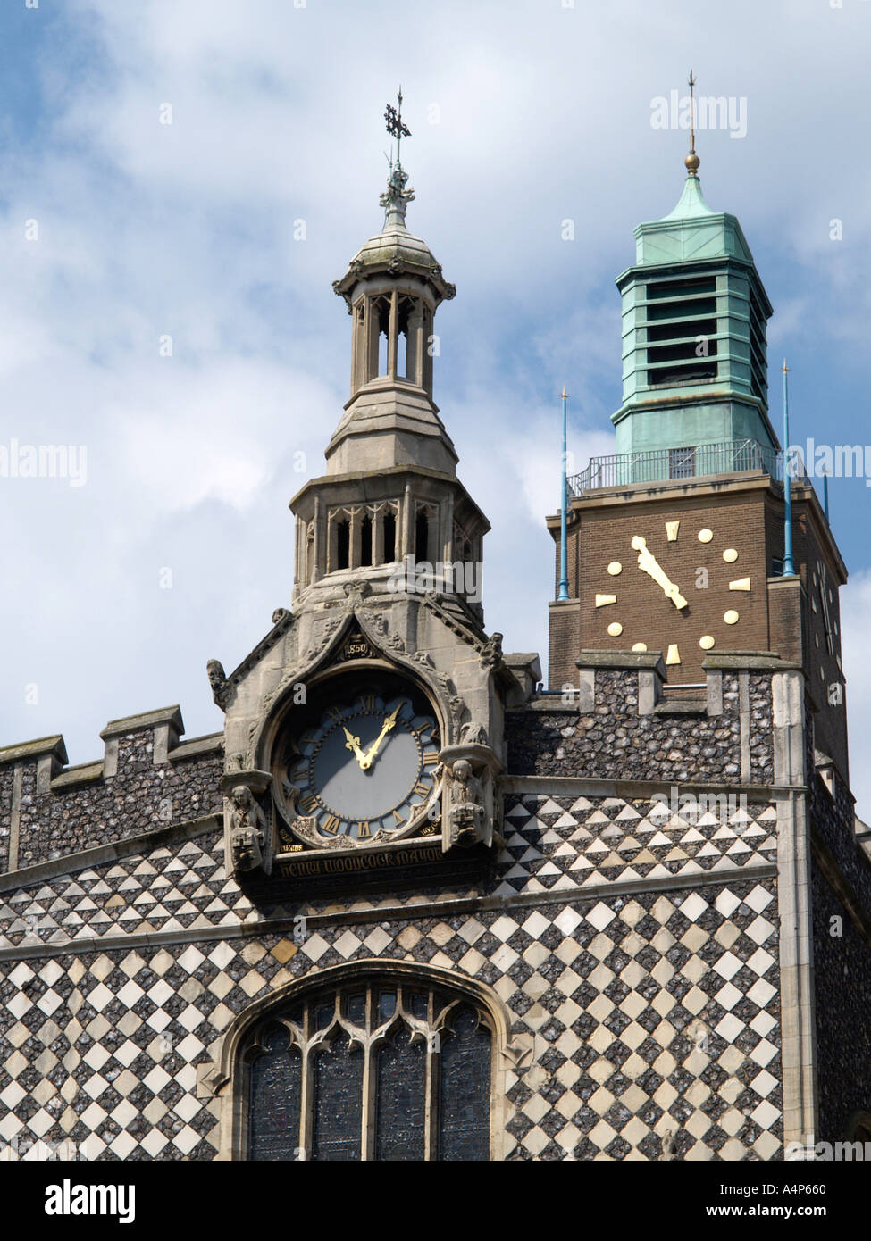 NORWICH CITY HALL CLOCK TOWER WITH THE GUILDHALL IN FOREGROUND NORFOLK