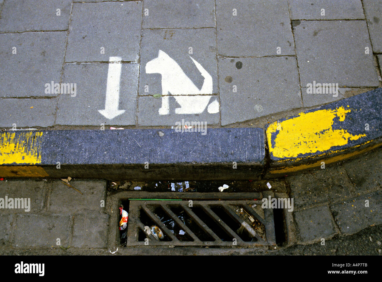 Street sign indicating where to dispose of dog faeces in gutter