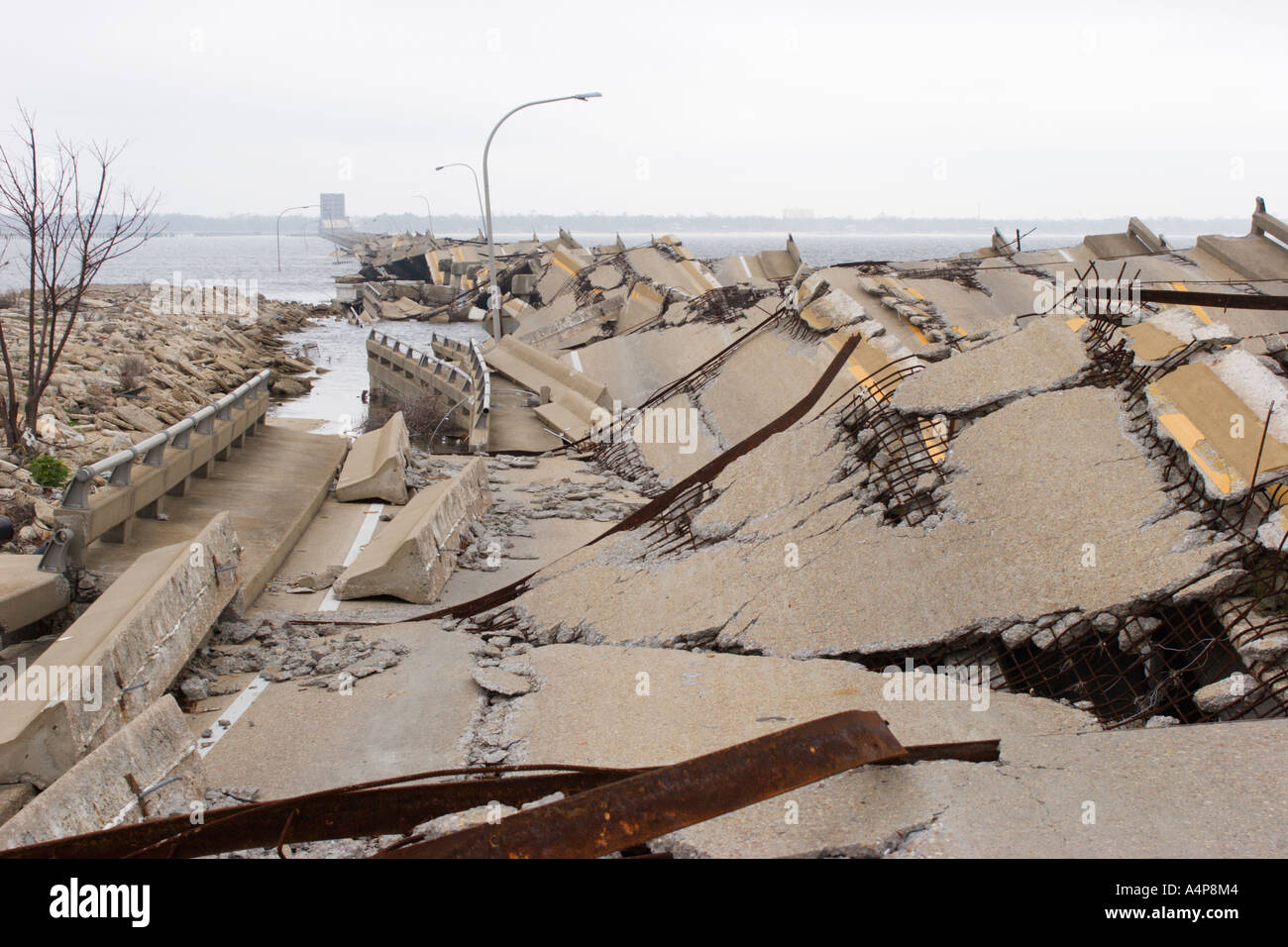 Remains of Ocean Springs Bridge east of Biloxi, Mississippi after Hurricane Katrina Stock Photo