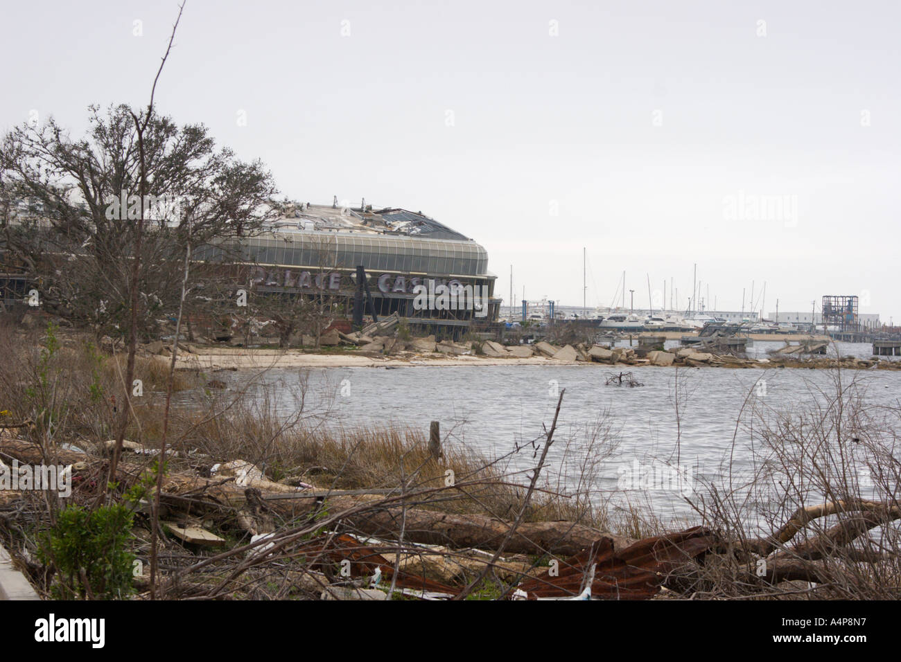 Palace Casino on beached barge six months after Hurricane Katrina destroys Mississippi Gulf Coast Stock Photo