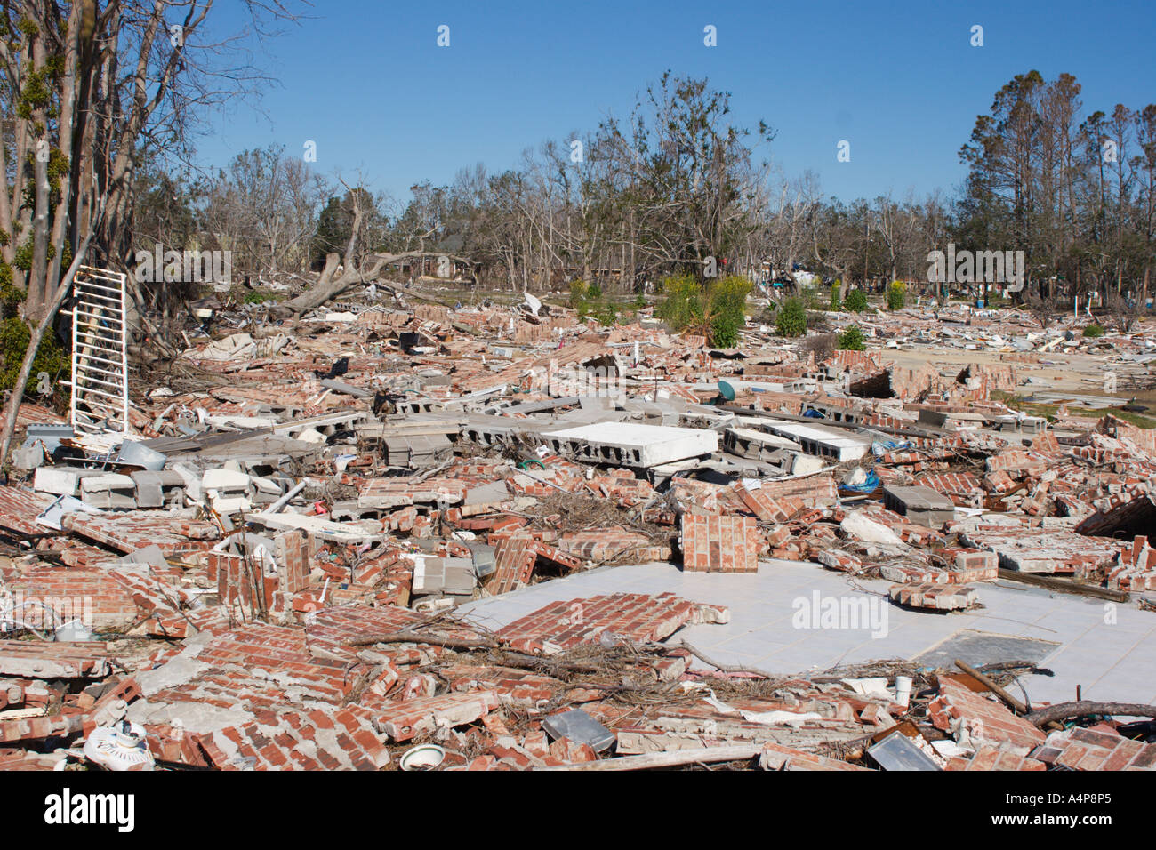 Piles of brick and concrete are all that is left of this structure in Gulfport Mississippi six months after Hurricane Katrina Stock Photo
