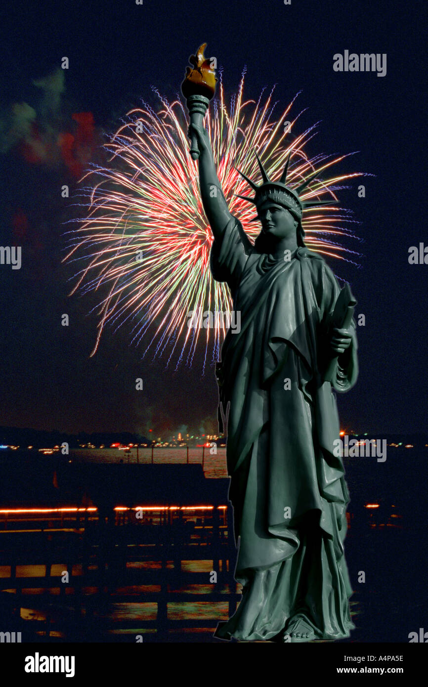 The statue of liberty with fireworks in the background Stock Photo - Alamy
