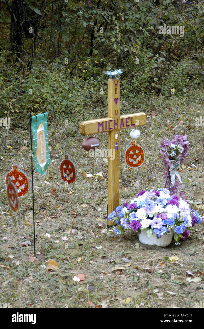 Roadside memorial for a teenager killed on a all terrain vehicle Stock Photo