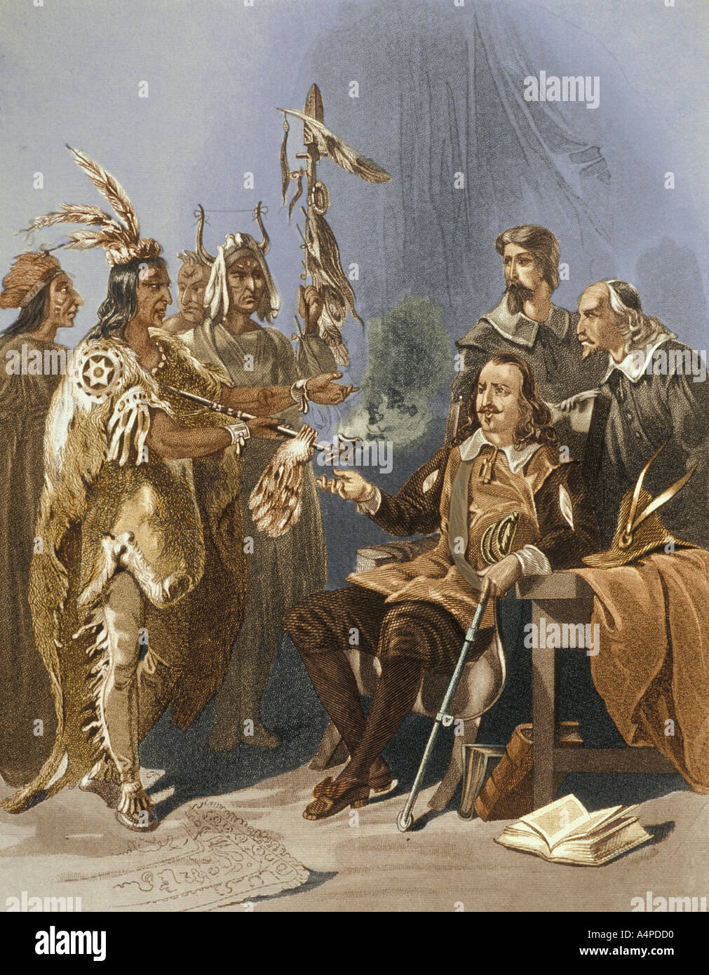 Chief Massasoit offers peace pipe to John Carver, governor of Plymouth Colony, Massachusetts, 1621. Stock Photo