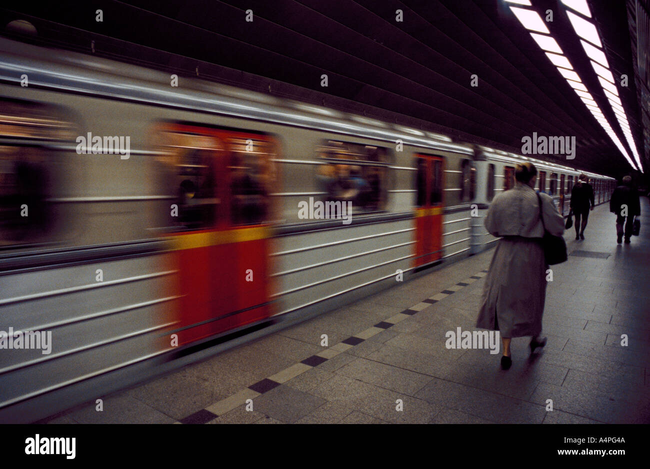 Train gathering speed leaving the platform at Mustek station Prague Czech Republic Europe Stock Photo