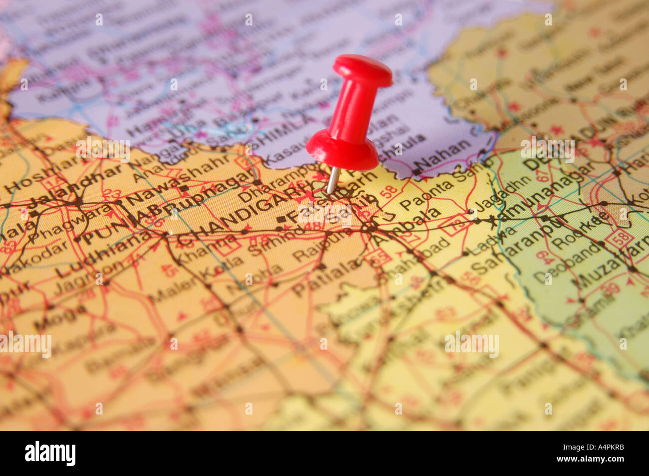 ANG77832 Map of India spotted Chandigarh Capital of Haryana and Punjab by Red colored Board Pin Stock Photo