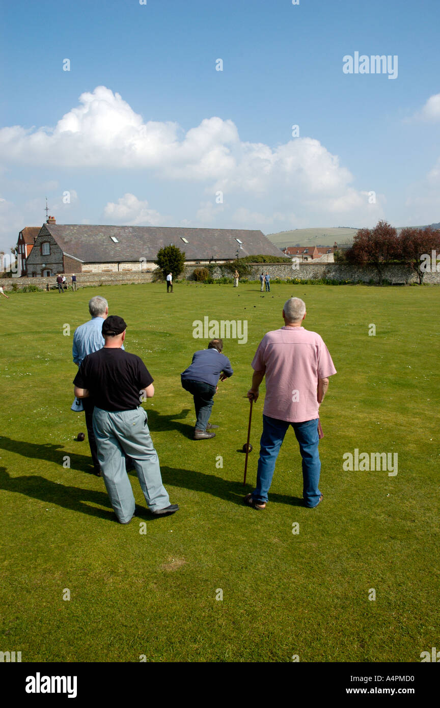 Men playing bowls on a bowling green in Lewes, East Sussex, UK. Stock Photo