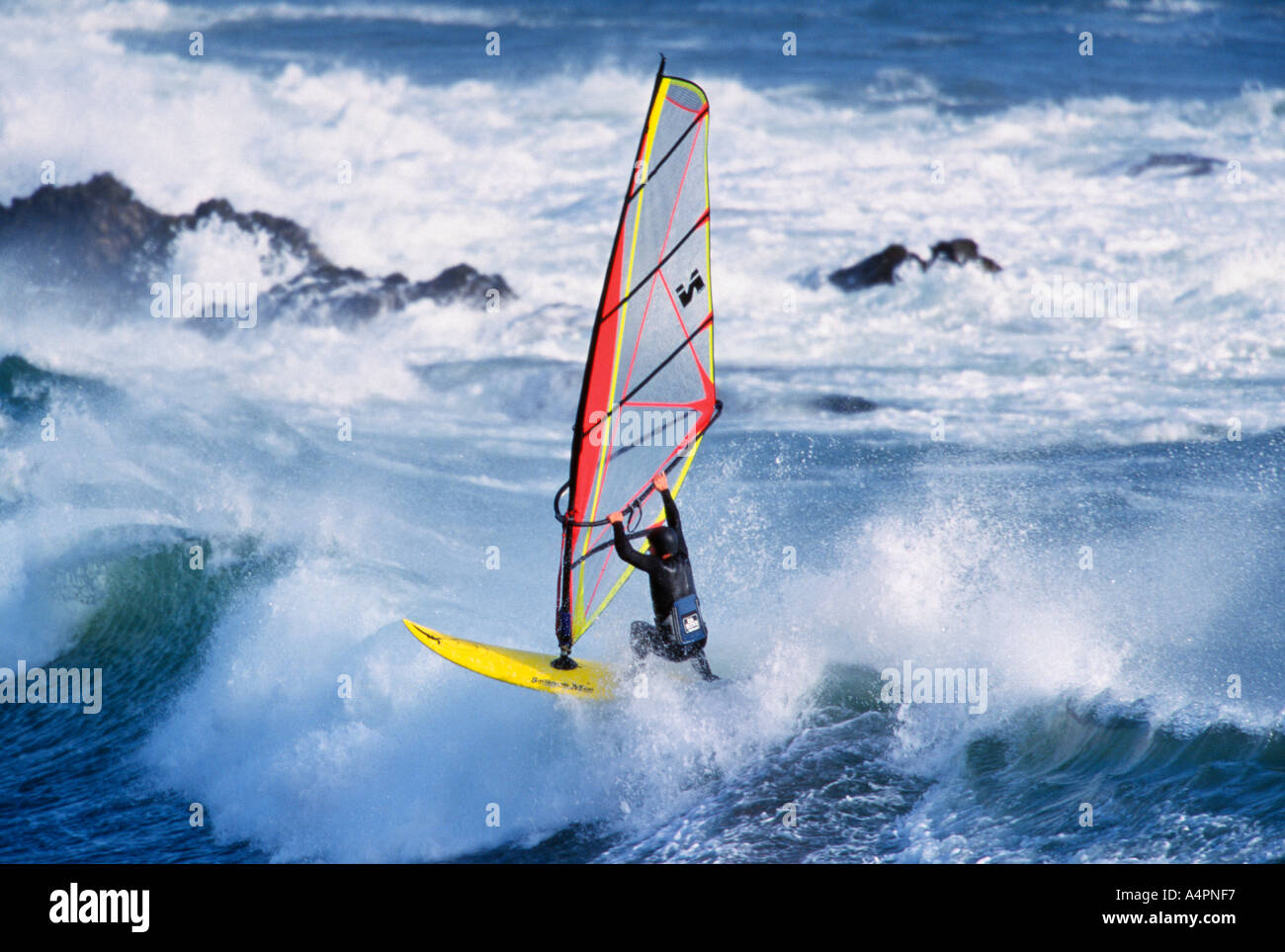 Windsurfer in big Pacific Ocean waves along California coast near Piedras Blancas Stock Photo