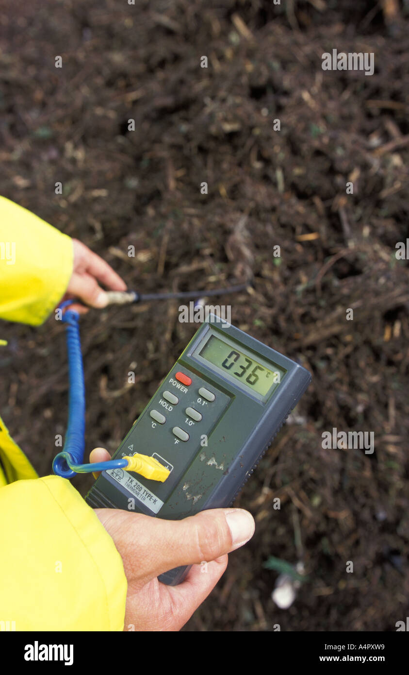 checking the temperature of composted green waste Stock Photo