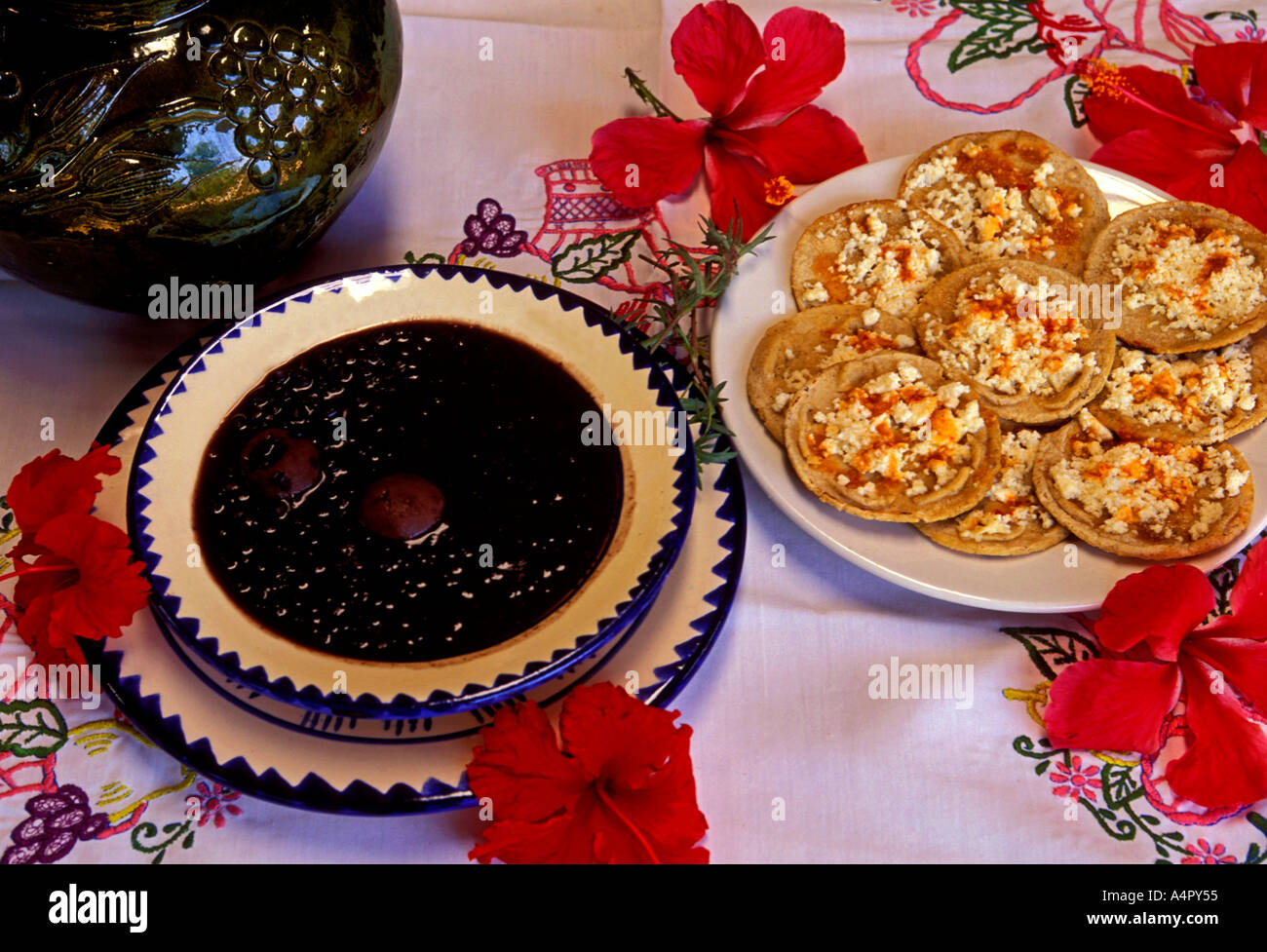 Frijoles de olla con hierva de conejo y chochoyotes, beans rabbit and dumplings, Mexican cuisine, food and drink, Zaachila, Oaxaca State, Mexico Stock Photo