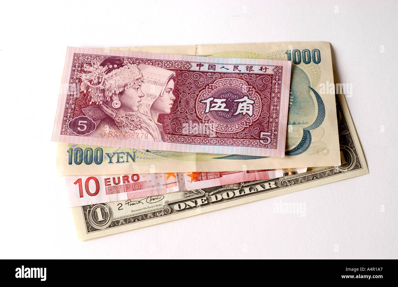 Color image of US dollar Japanese Yen Euro and Chinese currency on a ...