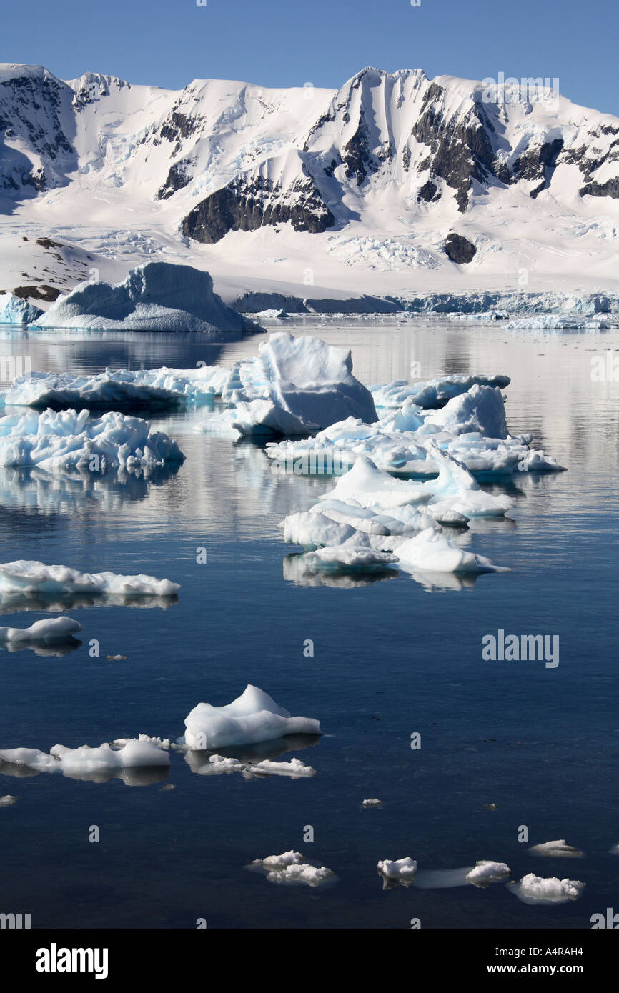 Iceburgs in Cuverville Bay and Danko Island on the Antarctic Peninsula in Antarctica Stock Photo