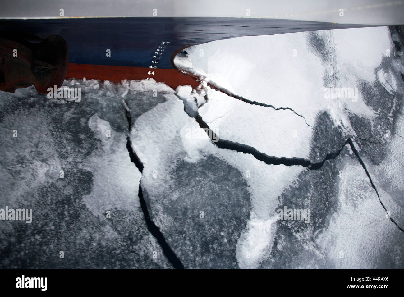 Bow of an Icebreaker splitting sea ice in Antarctica Stock Photo