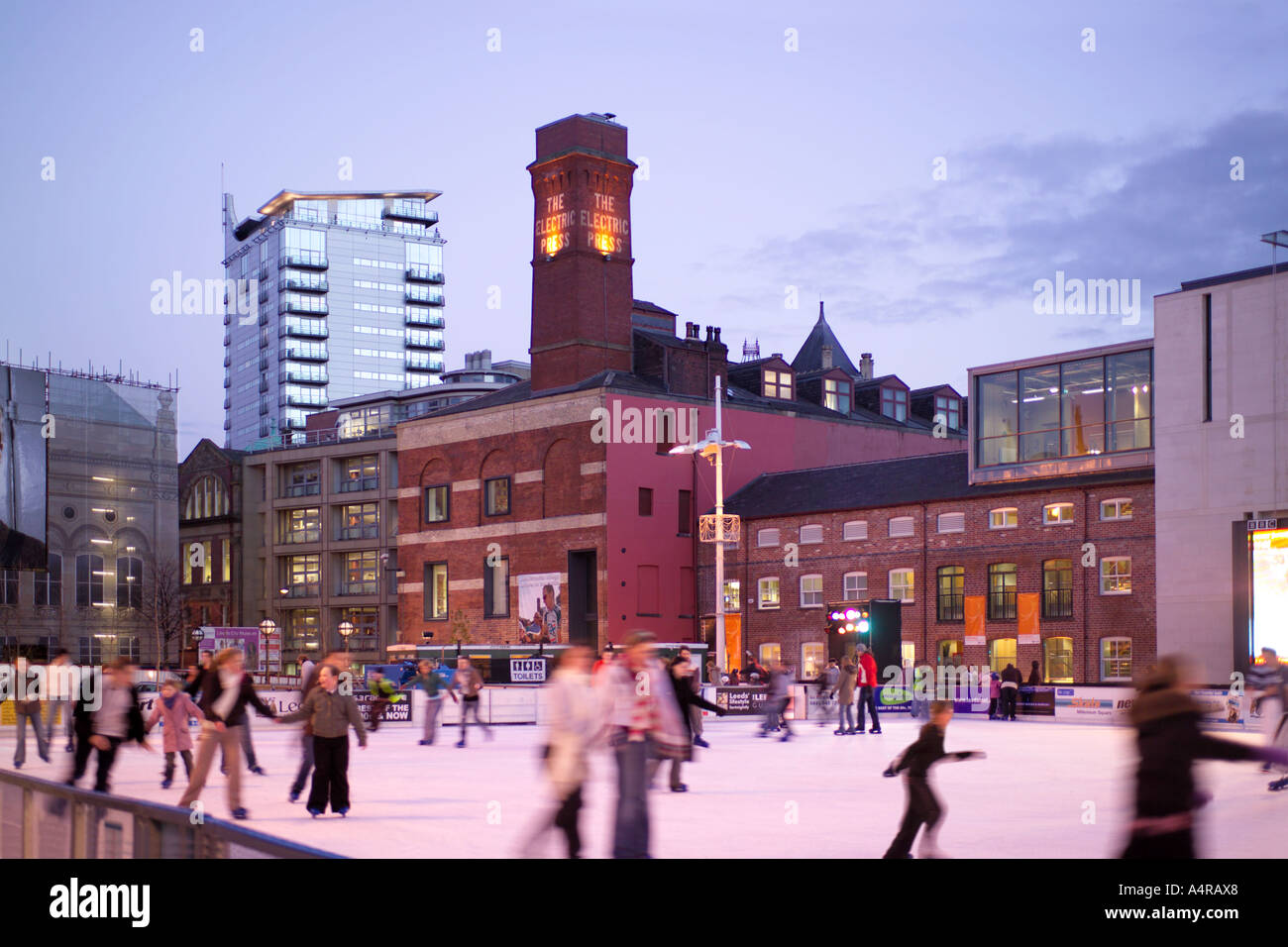 Ice Cube Outdoor Ice Skating Rink, Millennium Square, Leeds Stock Photo