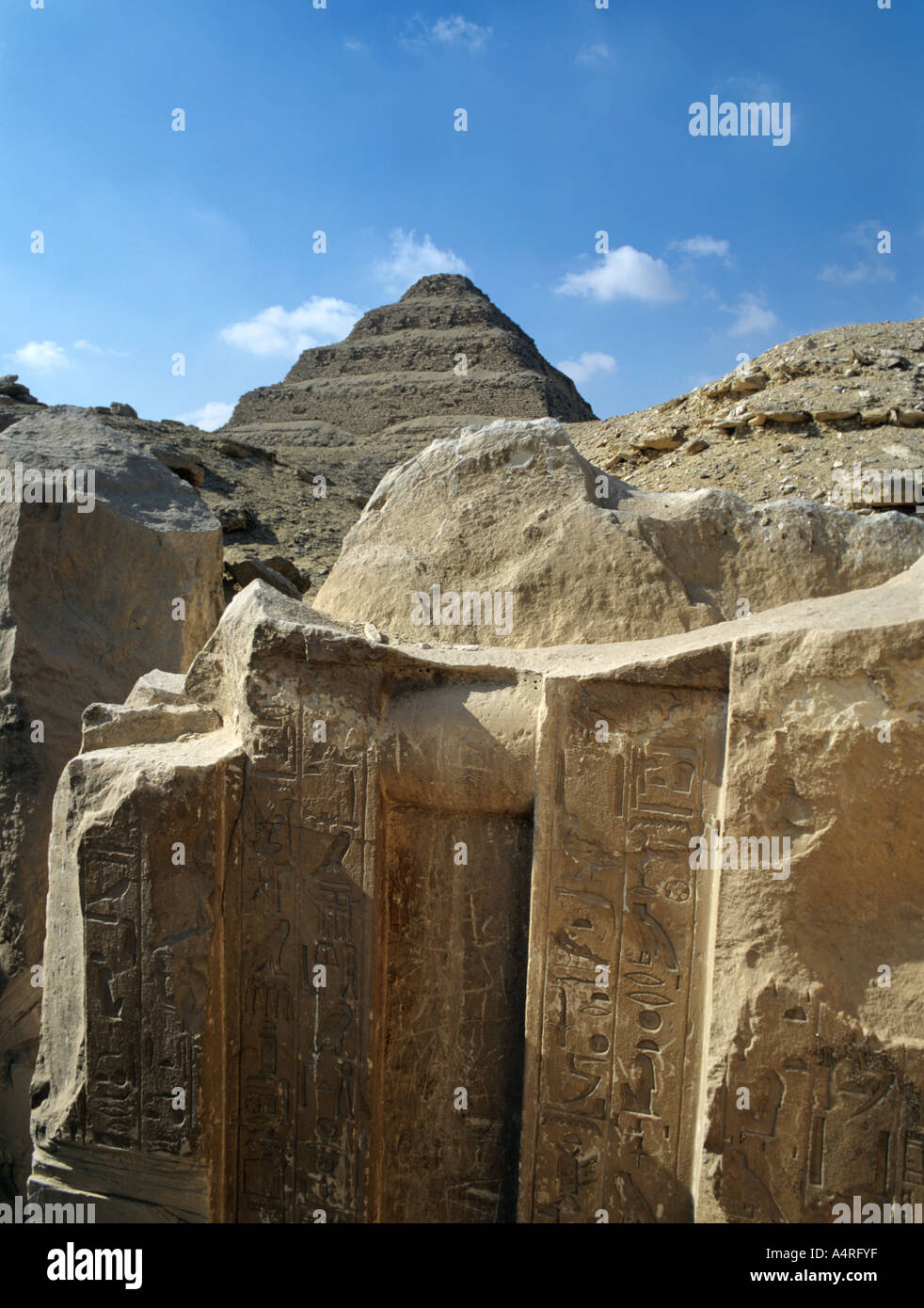 Step Pyramid and ruins at sakkara , Egypt. Stock Photo