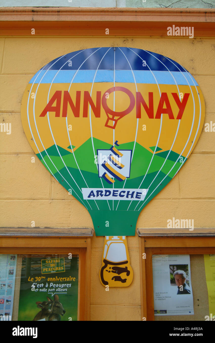 annonayMBF1537 The tourist office sign celebrates the Montgolfier brothers who successfully launched the first hot air balloon Stock Photo
