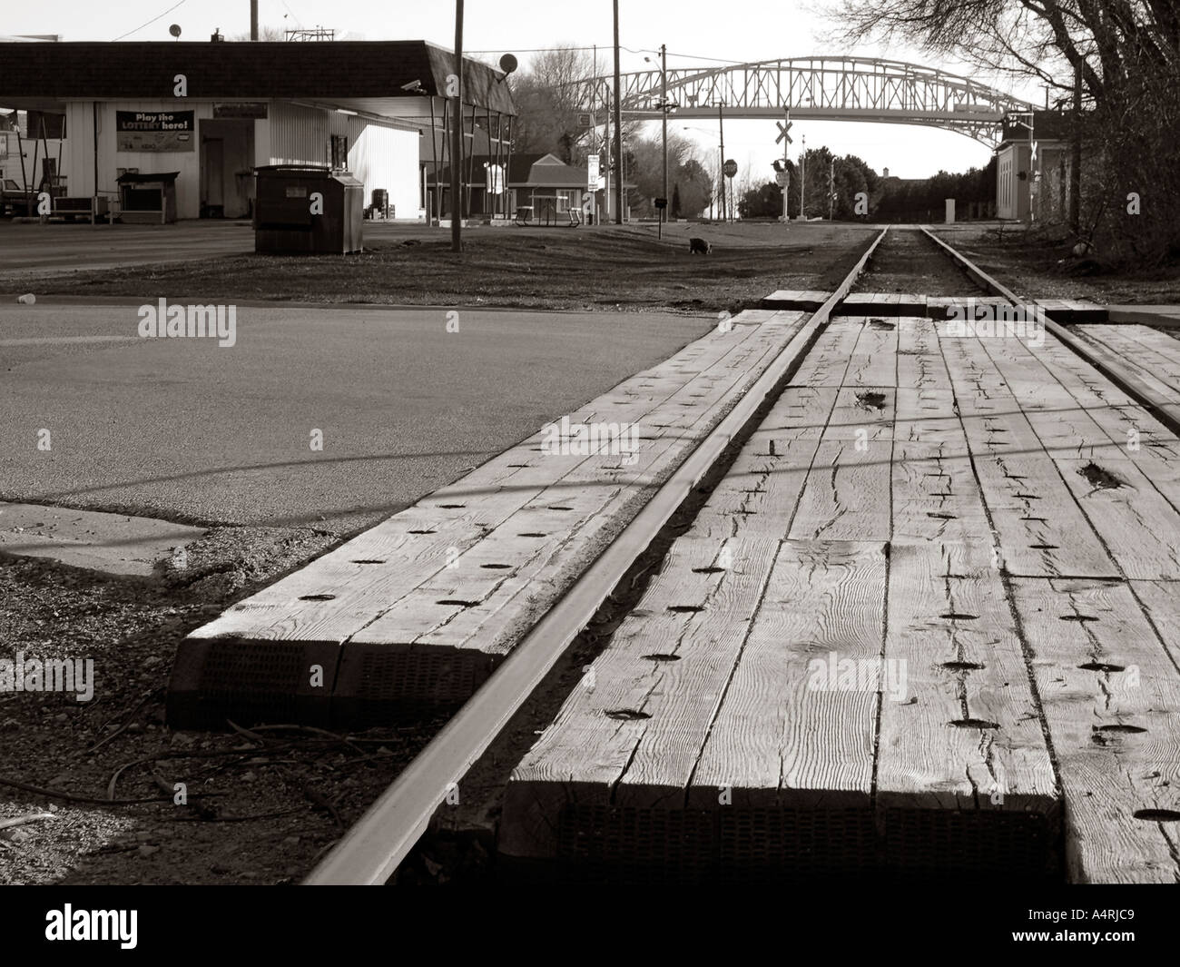 Looking down the old railroad tracks through the warehouse district The