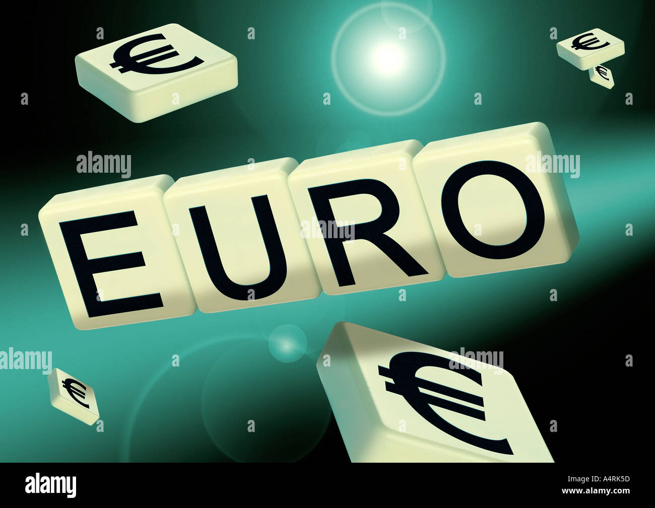 letters euro symbol Eurozeichen und Schriftzug auf Spielsteinen Stock Photo