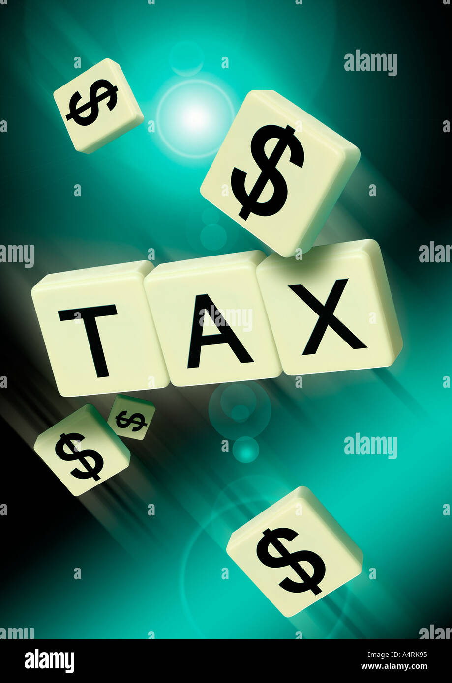 letters tax dollar symbol Dollarzeichen und tax Schriftzug auf Spielsteinen Stock Photo