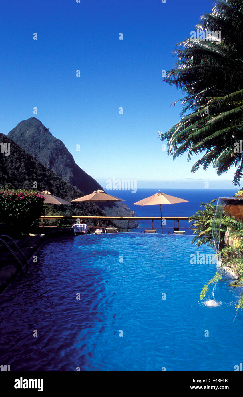 The pool at the Ladera resort overlooking the pitons Volcanic mountains