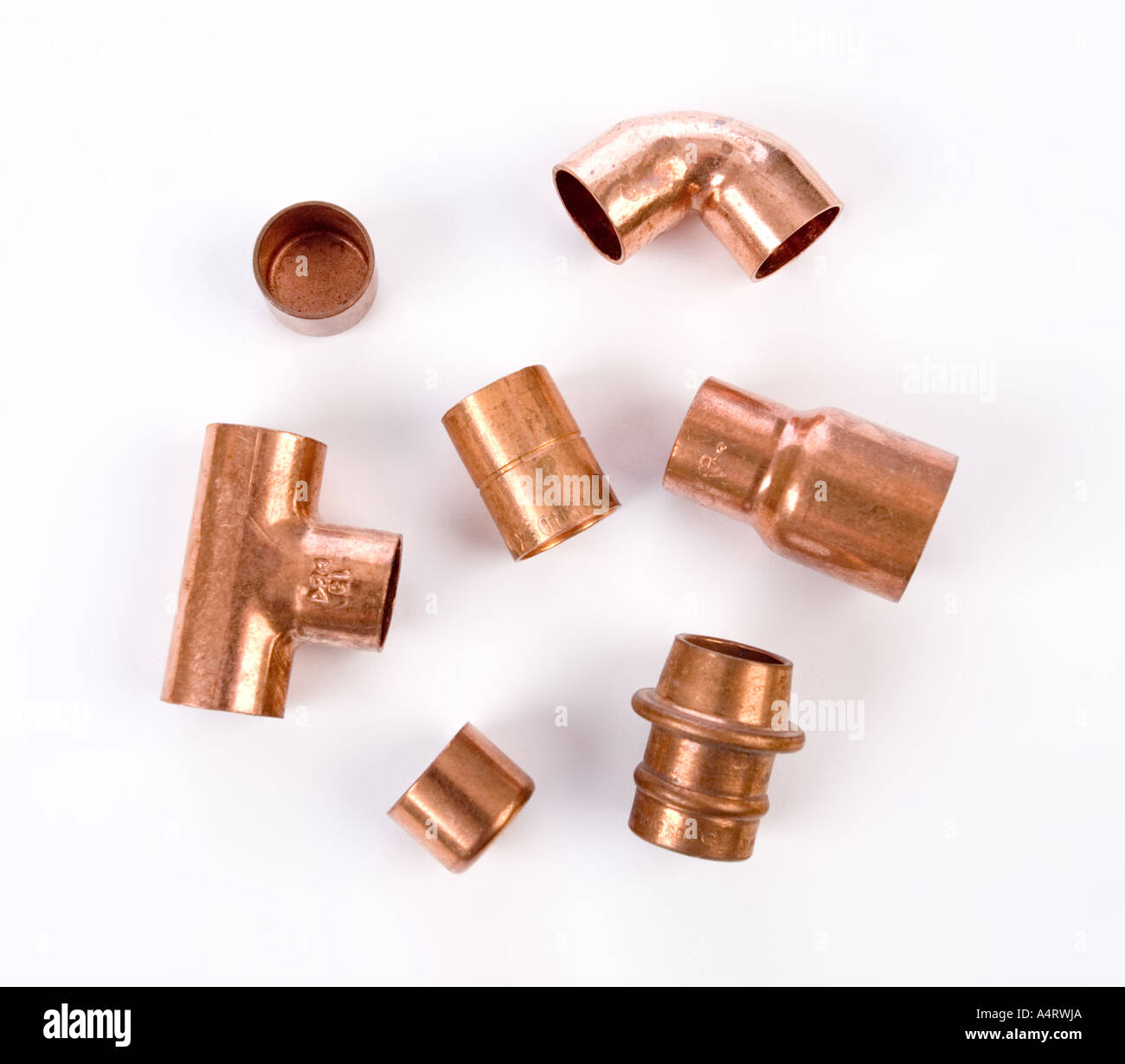 copper pipe fittings and joints Stock Photo