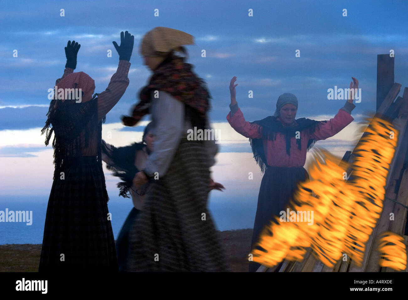 young girls from Vardö in Norway perform a witch dance to commemorate women who were burnt in the 1800Ths Stock Photo