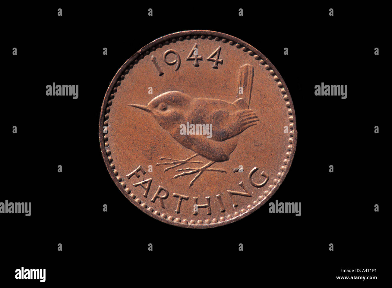 British farthing coin from 1944 with image of wren Troglodytes troglodytes Stock Photo