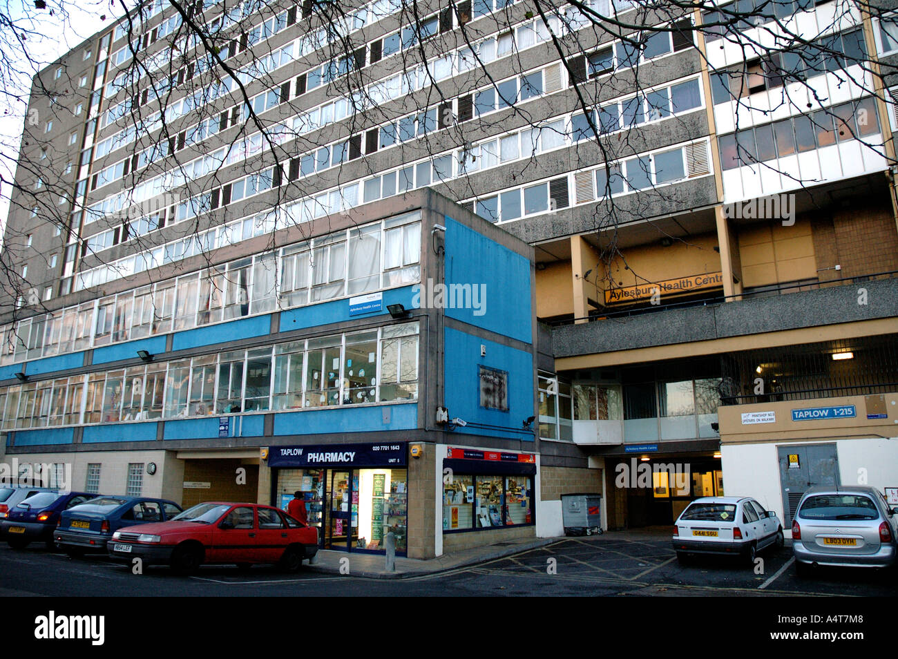 Aylesbury Housing Estate with shops underneath by Walworth Road Camberwell South London. Stock Photo