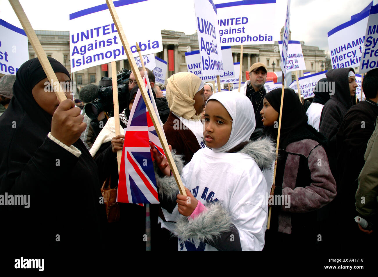 Muslim woman and children demonstrating  in Central London protesting against Islamophobia and incitement to racial hatred follo Stock Photo